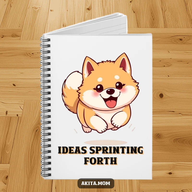 Funny Akita notebook with a dog bounding forward with enthusiasm. Humorous and practical gift for writers.