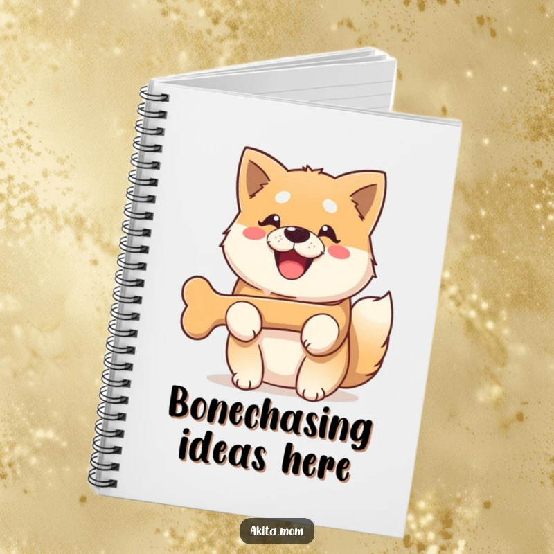 Funny Kawaii Akita dog notebook, featuring a dog with a beaming smile holding a bone, ideal for creative writing.