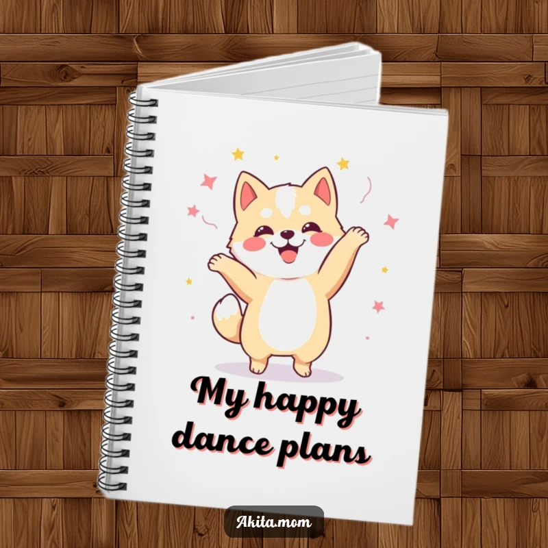Funny Kawaii Akita dog notebook, featuring a happy dog doing a celebratory dance, perfect for journaling and note-taking.