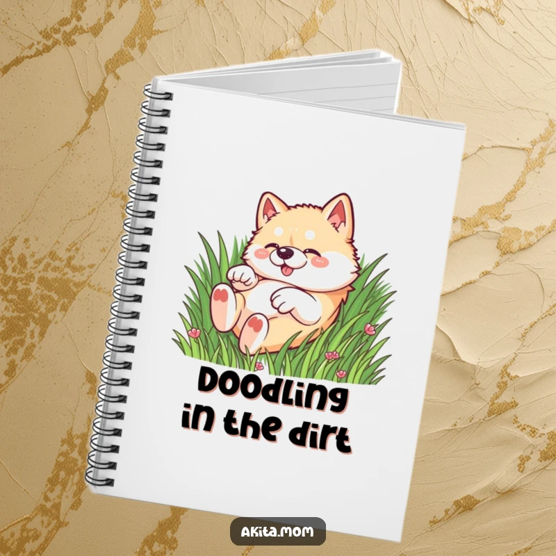 Funny Kawaii Akita dog notebook, featuring a dog rolling playfully in the grass, perfect for journaling fun.