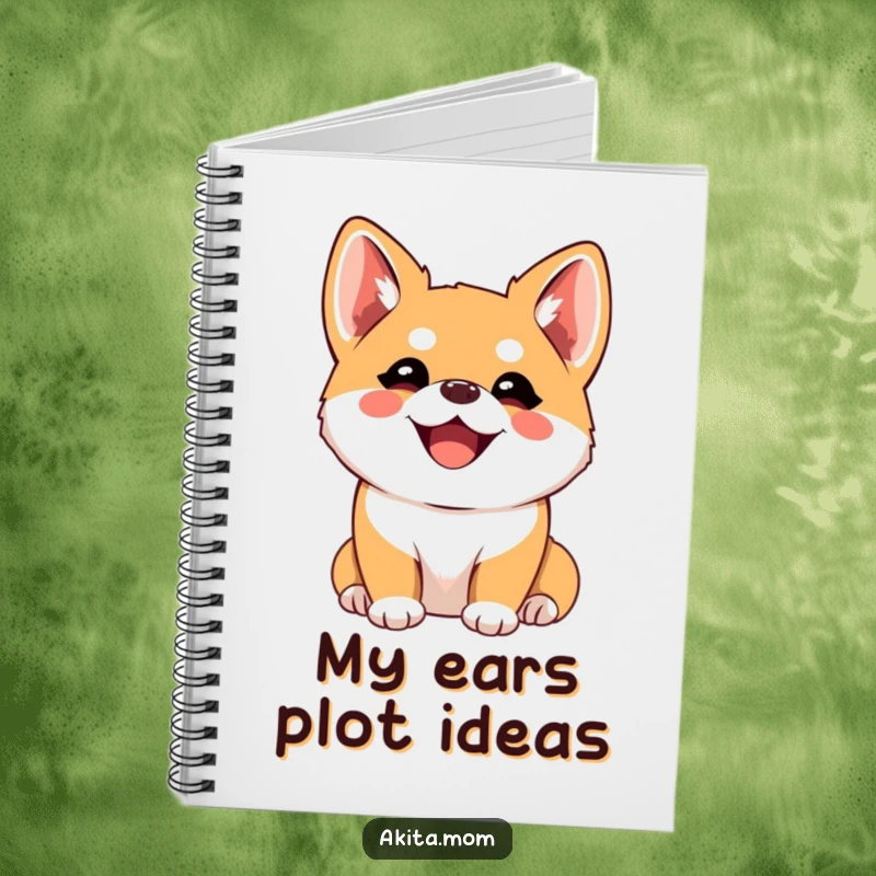 Funny Kawaii Akita Notebook, a happy dog with perked ears listening intently, perfect for journaling and notes, excellent funny gift.