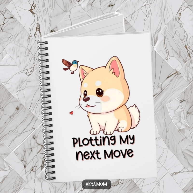 Funny Kawaii Akita notebook, featuring a dog with a focused gaze watching a distant bird, perfect for journaling, sketching, or detailed note-taking.