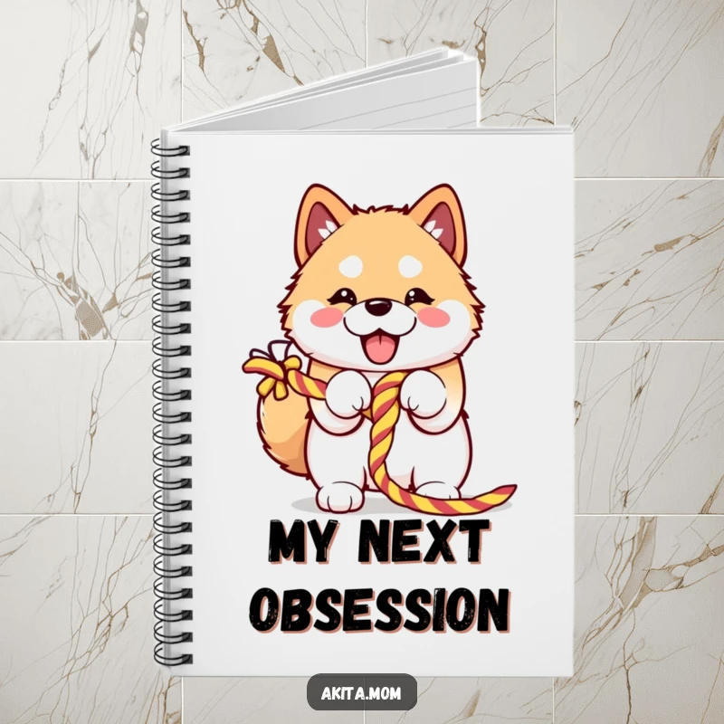 Funny Kawaii Akita notebook enthusiastically embracing a colorful knotted rope, ready to capture ideas with its playful and determined spirit.