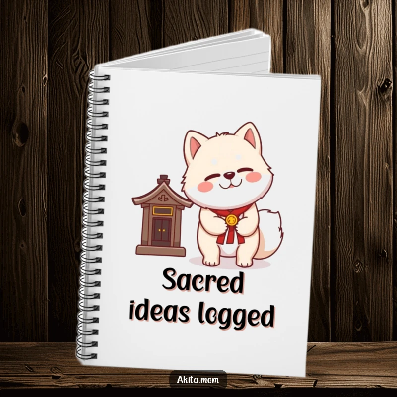 Funny Kawaii Akita notebook with a dignified wink, standing next to a miniature shrine, perfect for recording wise reflections.