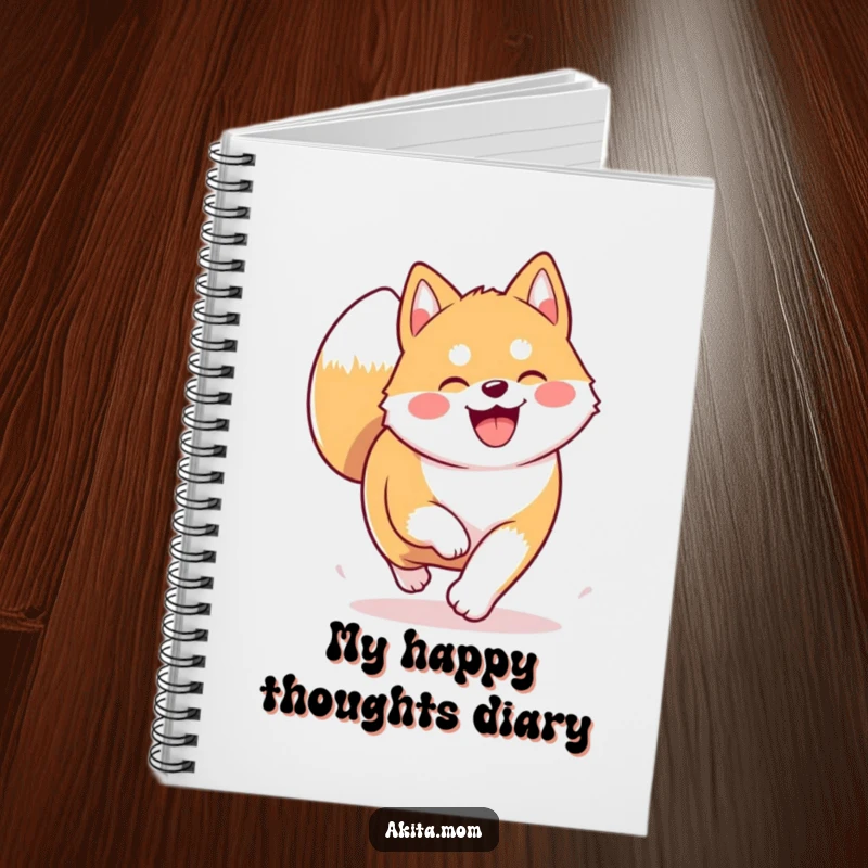Funny Kawaii Akita notebook showing a dog trotting joyfully. Ideal for notes and journaling with a humorous touch.