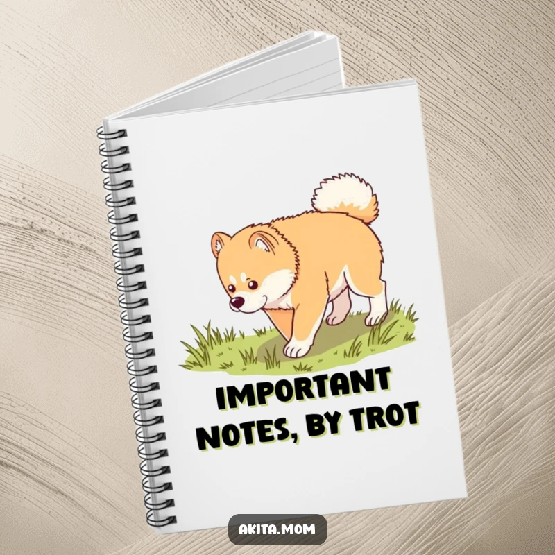 Funny Kawaii Akita notebook, featuring a dog in a dignified trot exploring grass, perfect for journaling, sketching, or thoughtful writing.