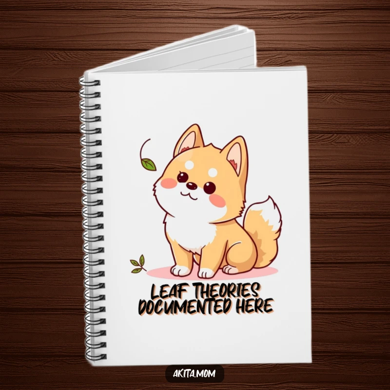 Funny Kawaii Akita notebook, an alert dog curiously observing a leaf, perfect for journaling and ideas.