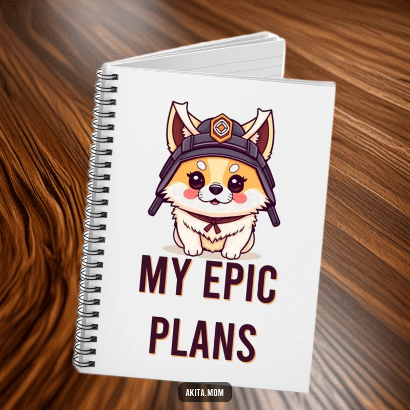 Funny notebook cover featuring an Akita dog wearing a small samurai helmet with impressive warrior-like flair.