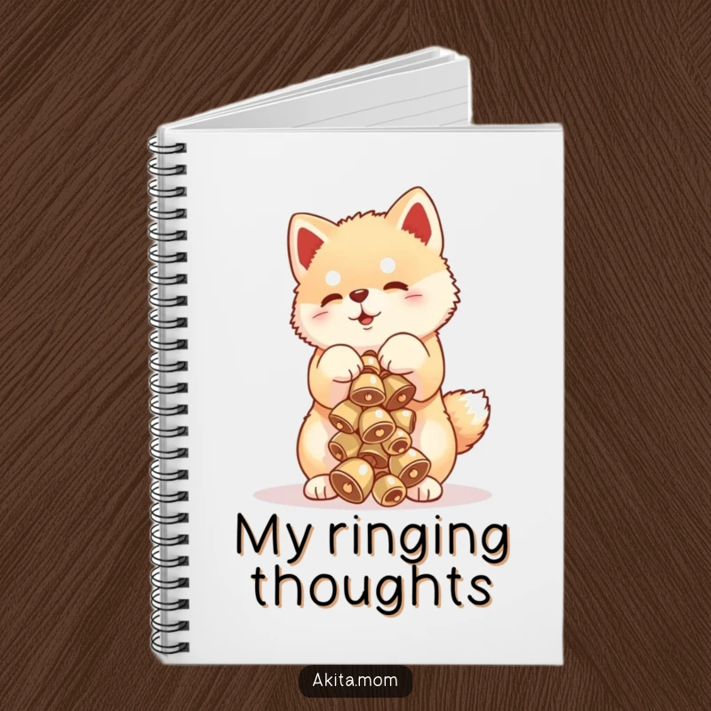 Funny Akita cub notebook with a cute puppy balancing a stack of delicate bells, designed for jotting down notes with charm.