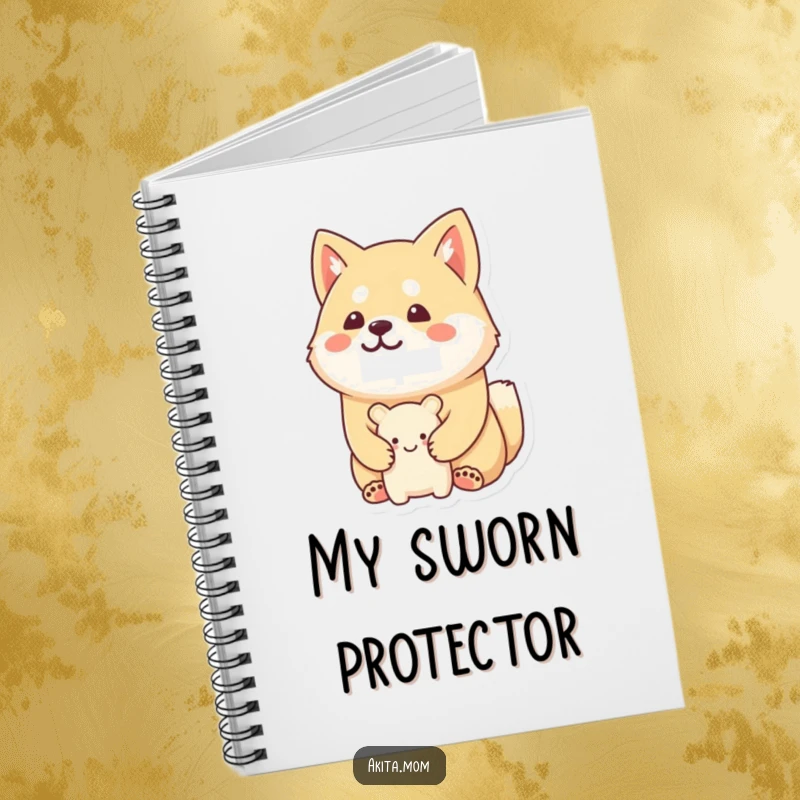 Funny Kawaii Akita notebook with a happy, stoic expression, guarding a tiny, smiling toy, perfect for jotting down important information.