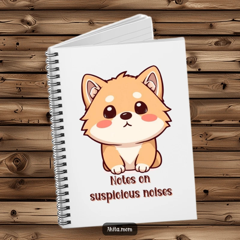 Funny Kawaii Akita notebook showing a dog with a curious head tilt, listening intently. Humorous journal for Akita fans.