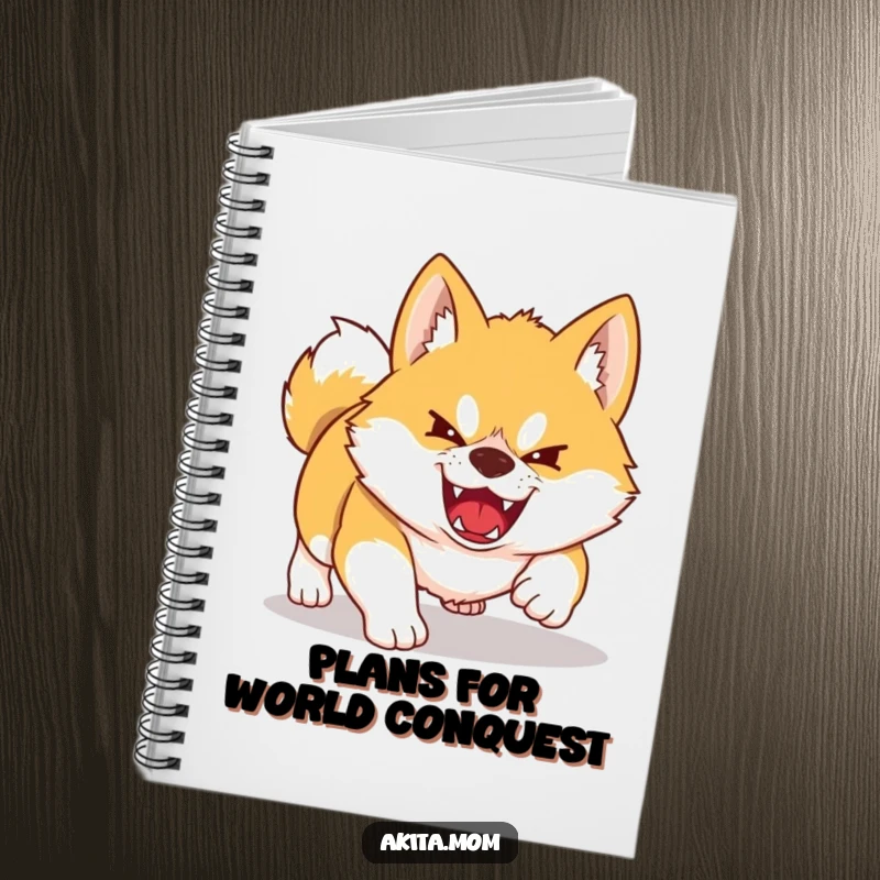 Funny Kawaii Akita notebook showing a dog playfully pouncing on a shadow. Humorous journal for Akita lovers.