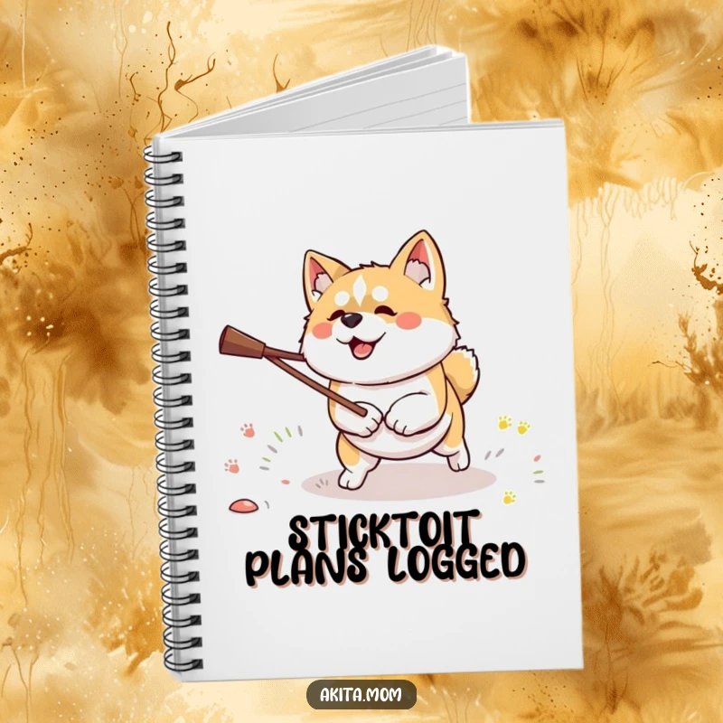 Funny Kawaii Akita dog notebook, featuring a dog with determination fetching a stick, perfect for goal planning.