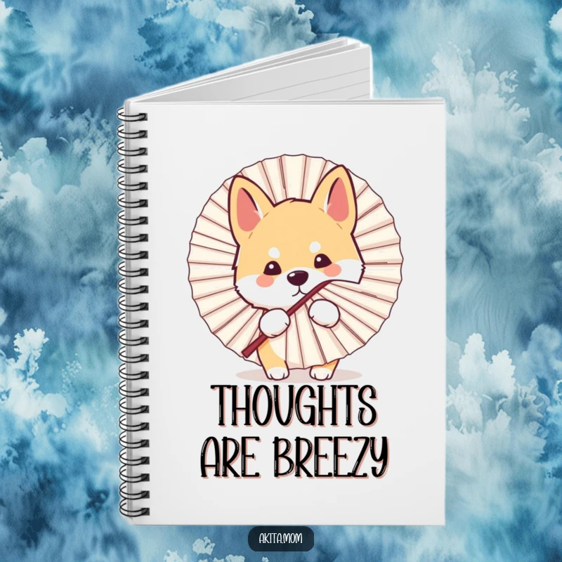 Funny Kawaii Akita dog notebook, depicting a cute peek from behind a fan, perfect for jotting down thoughts with playful humor.