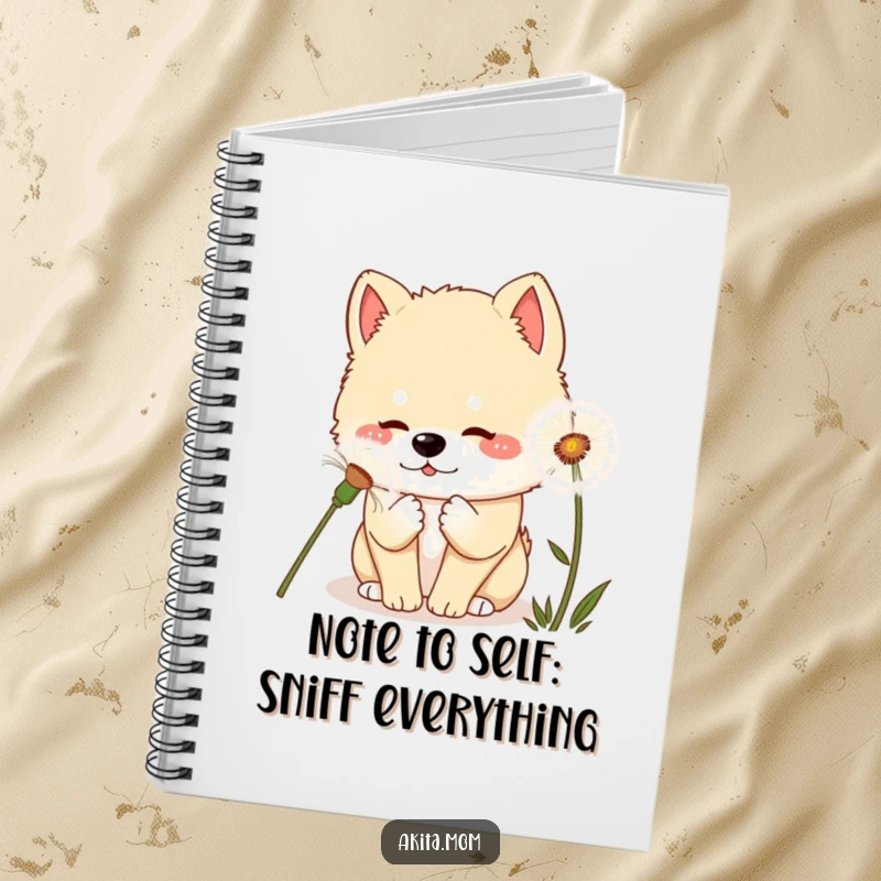 Curious Kawaii Akita Dandelion Notebook: A kawaii Akita dog curiously sniffing a giant dandelion, perfect for capturing whimsical thoughts.