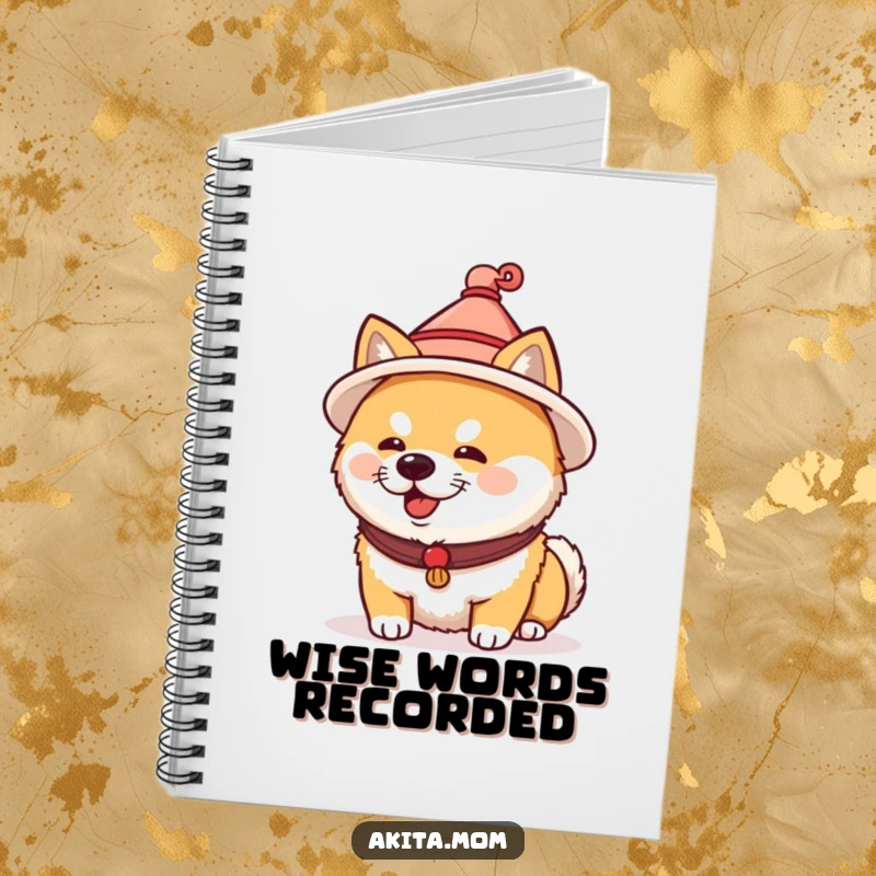 Funny Akita notebook with a dog wearing a tiny traditional Japanese hat. Humorous and stylish cultural gift.