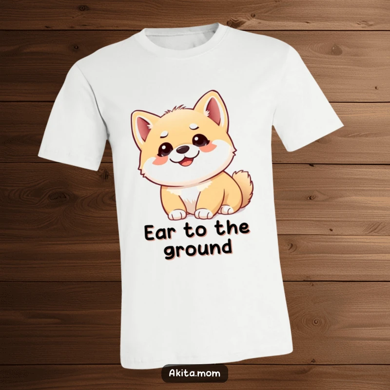 Funny Akita cub t-shirt showing a smiling puppy with alert ears looking upwards, capturing a moment of deep thought or wonder.