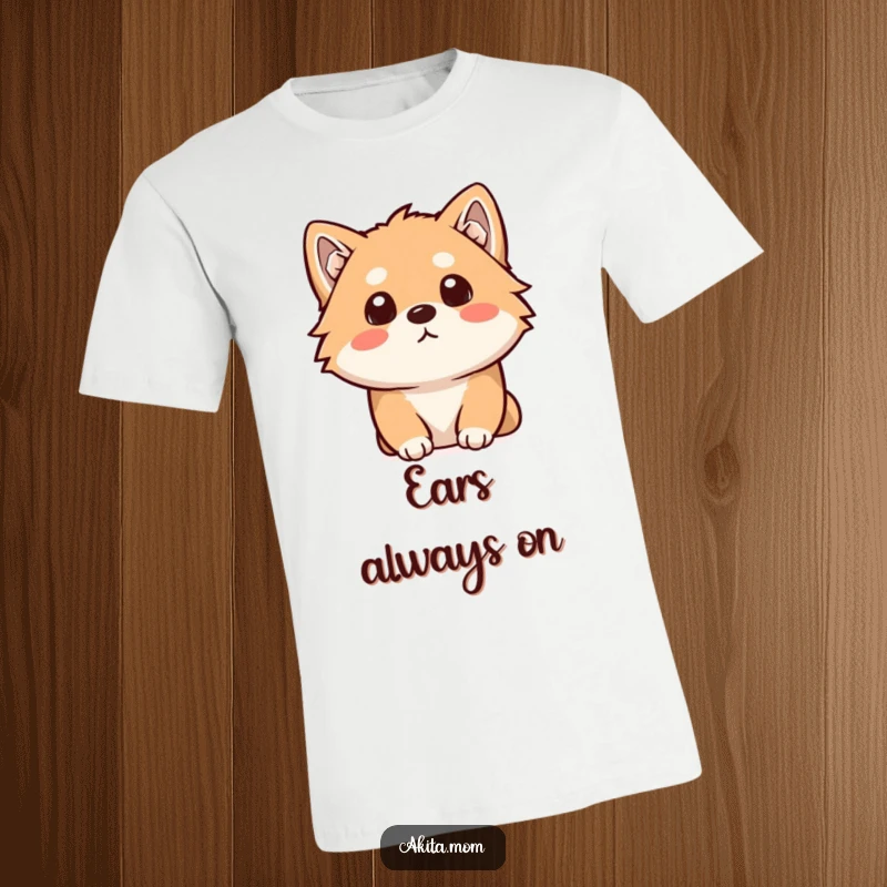 Funny Kawaii Akita t-shirt depicting a dog with a curious head tilt, listening attentively. Humorous apparel for Akita lovers.