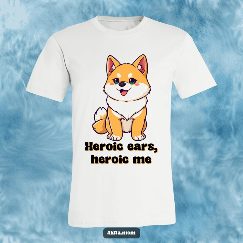 Funny Akita t-shirt depicting a proud Akita in a heroic pose, alert ears forward, embodying bravery and canine charm.