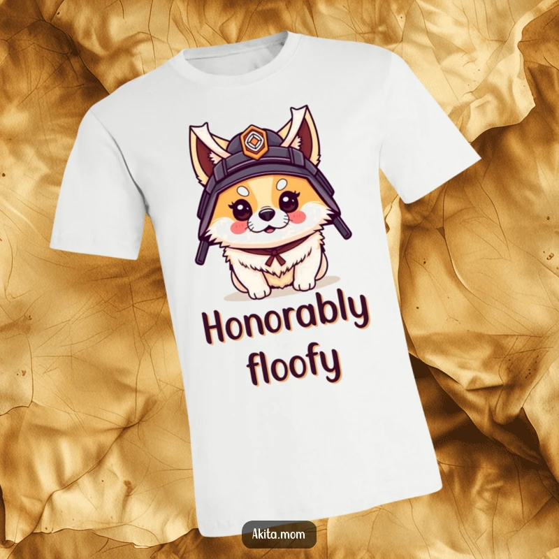 Funny t-shirt featuring an Akita dog sporting a small samurai helmet with undeniable style and warrior-like flair.