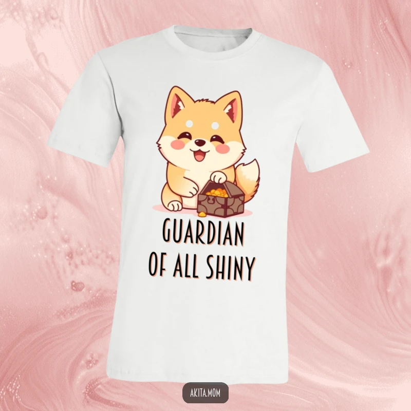 Funny Akita t-shirt depicting a happy Akita protectively guarding a small, precious treasure with unwavering loyalty and charm.