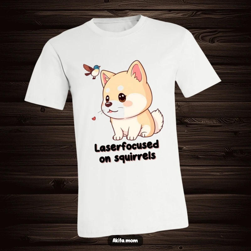 Funny Kawaii Akita t-shirt, depicting a dog with a focused gaze intently watching a distant bird, embodying attentiveness and curiosity.
