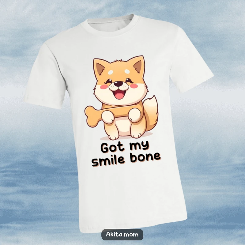 Funny Kawaii Akita dog t-shirt, featuring a dog with an enormous, beaming smile clutching a delicious bone.