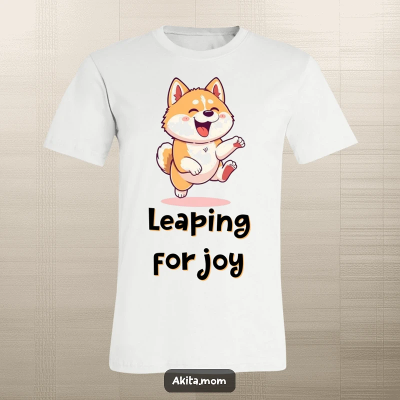 Funny Kawaii Akita dog t-shirt, depicting a joyful leap demonstrating pure playful energy and a love for movement.