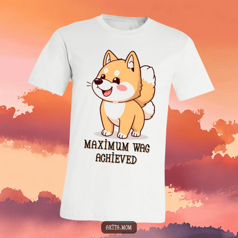 Funny Kawaii Akita dog t-shirt, showcasing an energetic wagging tail, exuding happiness and playful vibes for all to see.