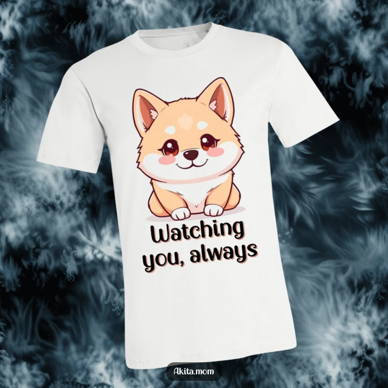 Funny Kawaii Akita t-shirt depicting a dog with bright, intelligent eyes intently observing its surroundings, highlighting a curious and aware personality.