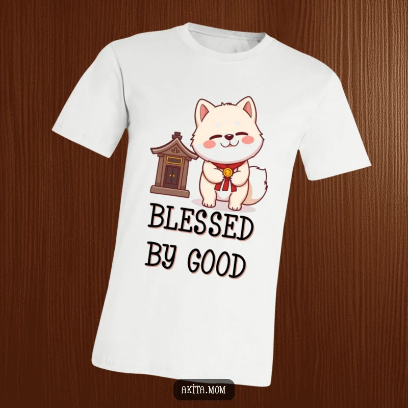 Funny Kawaii Akita t-shirt with a dignified wink, standing elegantly next to a miniature shrine, symbolizing charm and good luck.