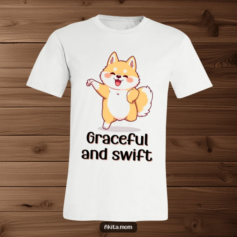 Funny Kawaii Akita t-shirt depicting a dog in graceful, swift motion. Humorous apparel for Akita enthusiasts.
