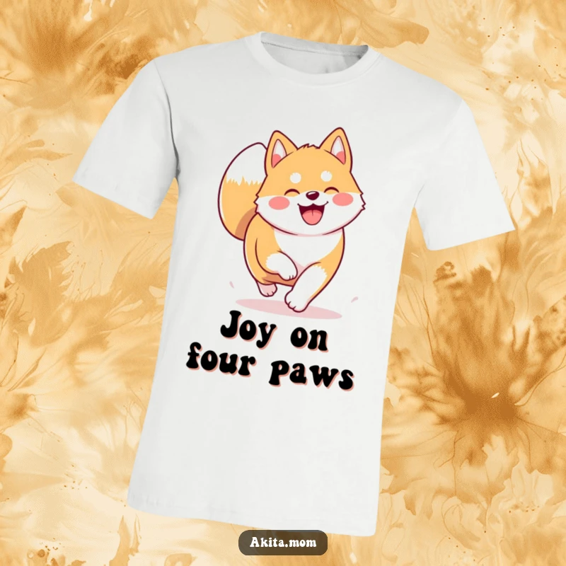 Funny Kawaii Akita t-shirt depicting a dog trotting happily with a curled tail. Humorous apparel for Akita fans needing cheer.