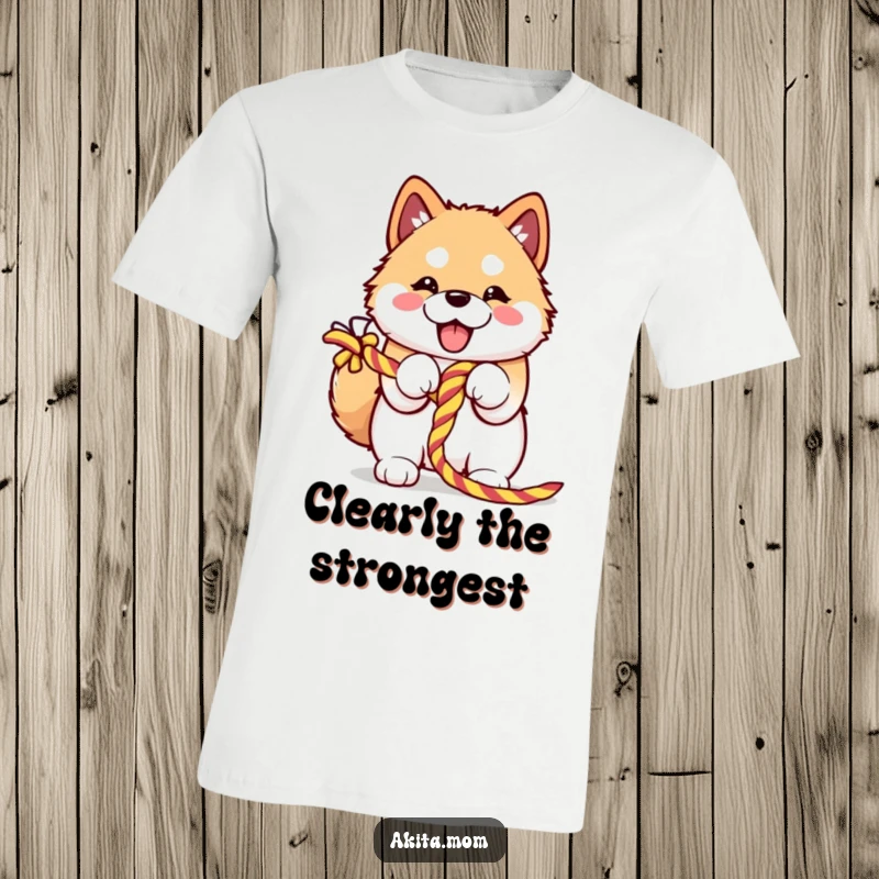 Funny Kawaii Akita t-shirt enthusiastically embracing a colorful knotted rope, embodying pure joy and playful energy in a tug-of-war.