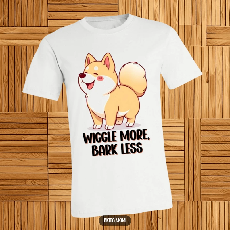 Funny Kawaii Akita t-shirt illustrating a dog doing a happy wiggle, its curled tail a symbol of pure Akita excitement.