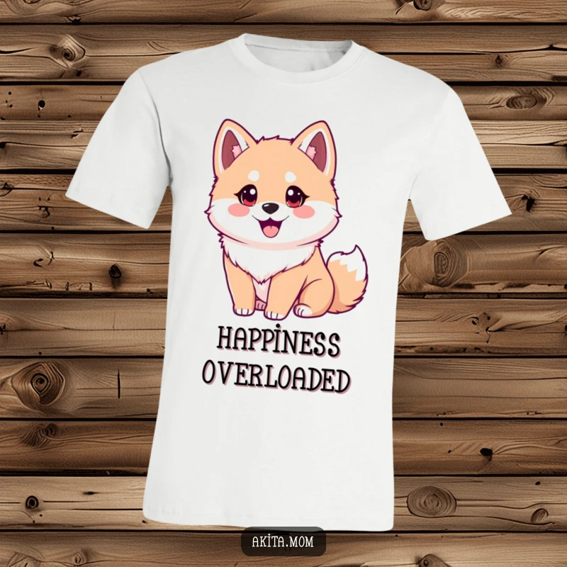 Funny Akita t-shirt depicting a dog with bright eager eyes and a constantly wagging tail. Humorous and cheerful gift.