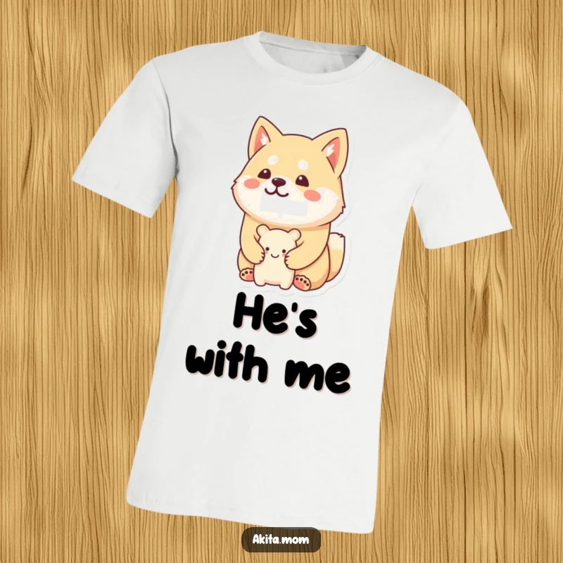 Funny Kawaii Akita t-shirt with a happy, stoic expression, faithfully guarding a tiny, smiling toy with adorable dedication.