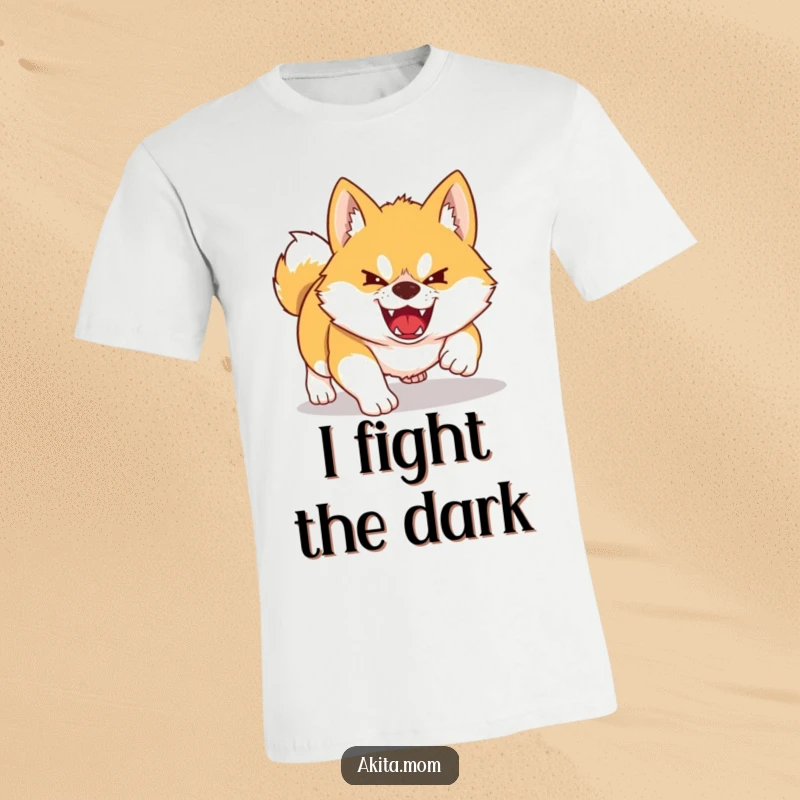 Funny Kawaii Akita t-shirt depicting a dog playfully pouncing with fierce adorableness. Humorous apparel for Akita enthusiasts.