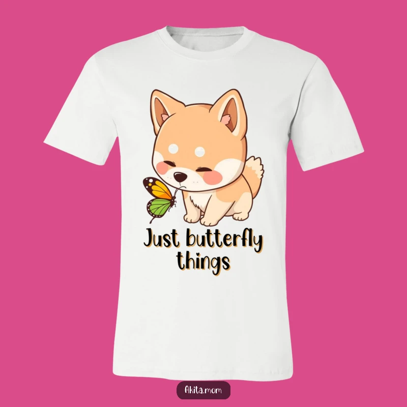 Funny Kawaii Akita Dog Sniffing Butterfly T-Shirt - Adorable Nature Humor Tee!