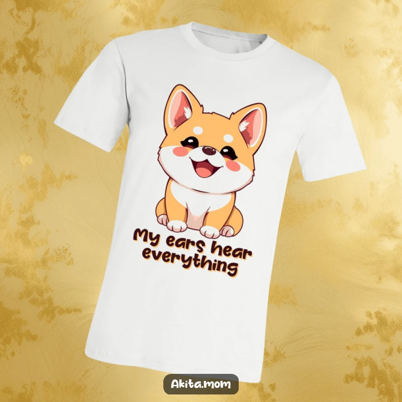 Funny Kawaii Akita T-Shirt, a joyful dog with perked ears intently listening, cute and happy, ideal gift for dog lovers.