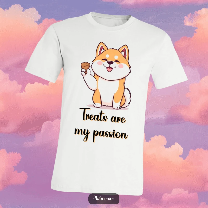 Funny Kawaii Akita t-shirt, a cute dog gleefully holding a treat up high, expressing pure happiness and dignity.