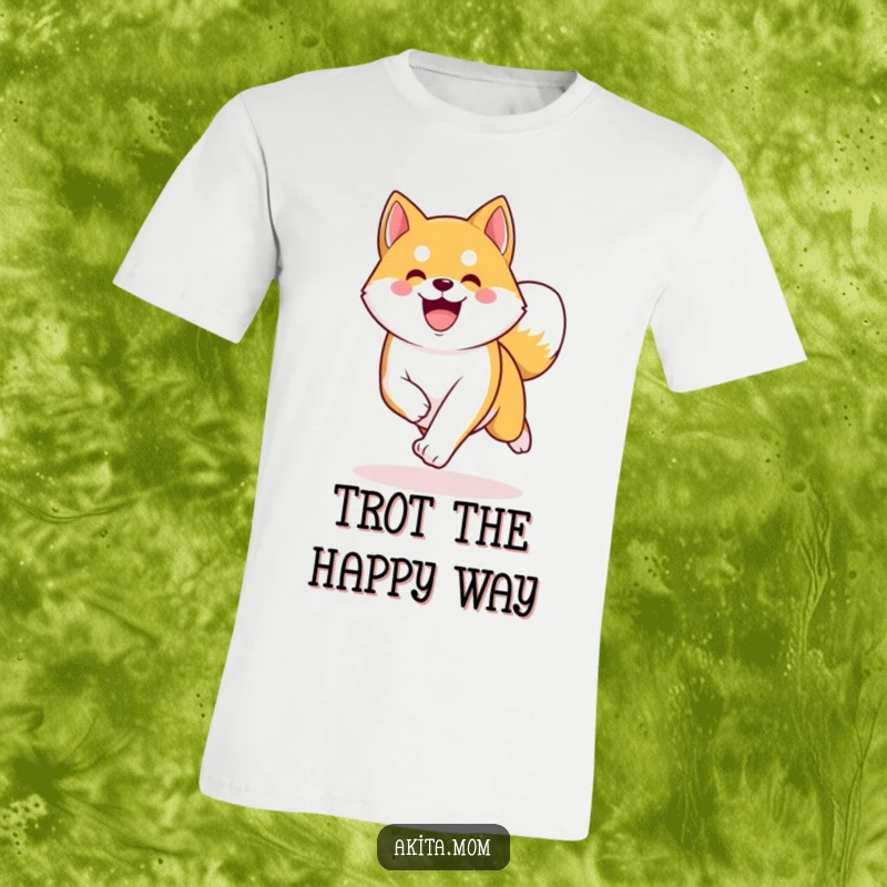 Funny Kawaii Akita t-shirt, a very happy dog doing an energetic trot with its tail curved, conveying pure happiness.
