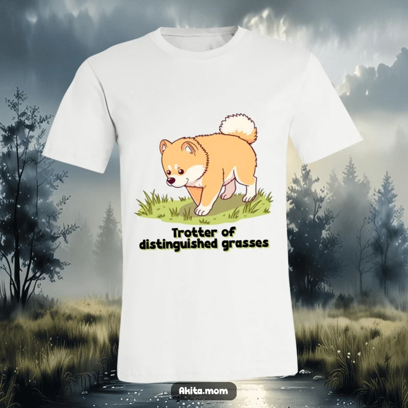 Funny Kawaii Akita t-shirt, showing a dog in a dignified trot exploring a patch of grass, embodying a peaceful and curious spirit.
