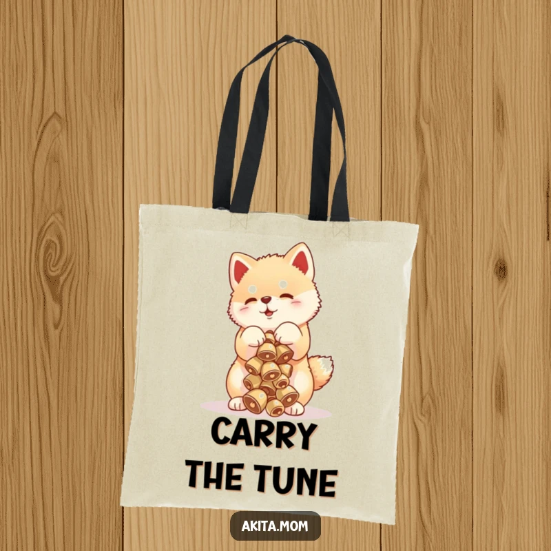 Funny Akita cub tote bag with a cute puppy balancing a stack of delicate bells, a humorous and practical accessory.