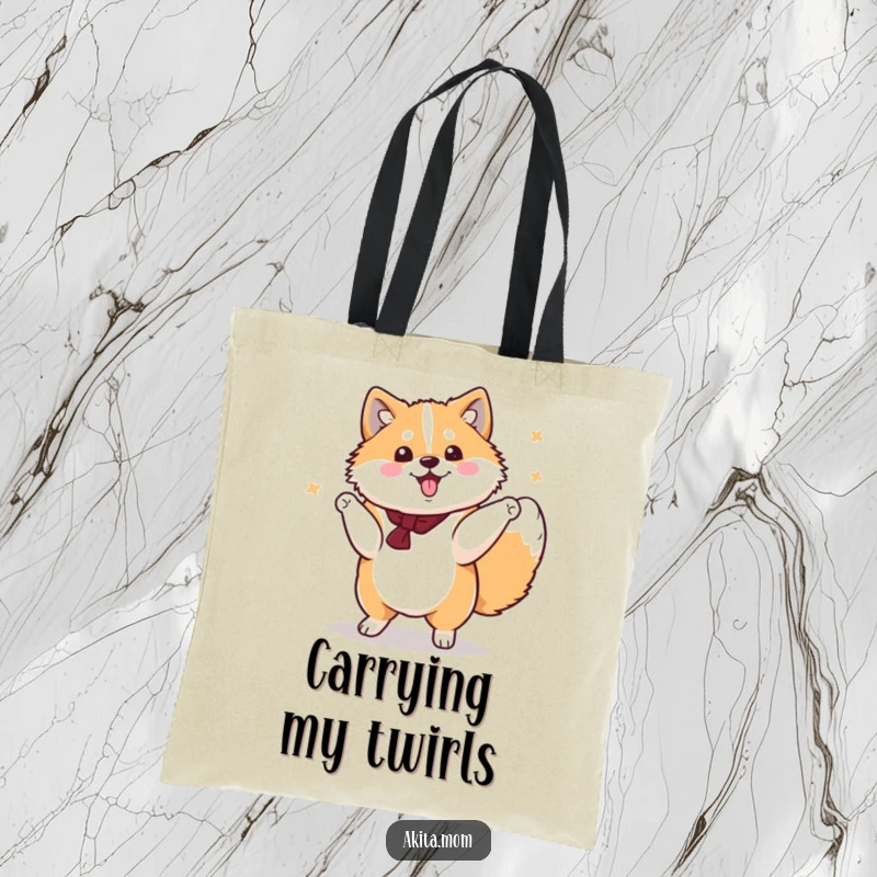 Funny Kawaii Akita Tote Bag, a cute dog performing a dignified yet cheerful spin, a stylish and humorous dog accessory.