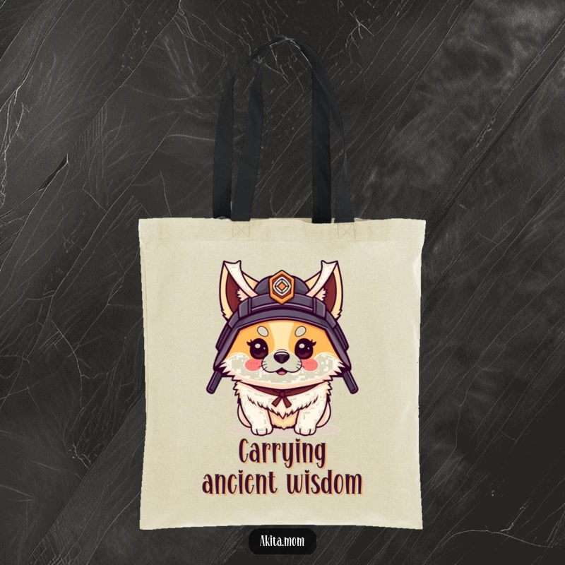 Funny tote bag featuring an Akita dog wearing a small samurai helmet with confidence and warrior-like flair.
