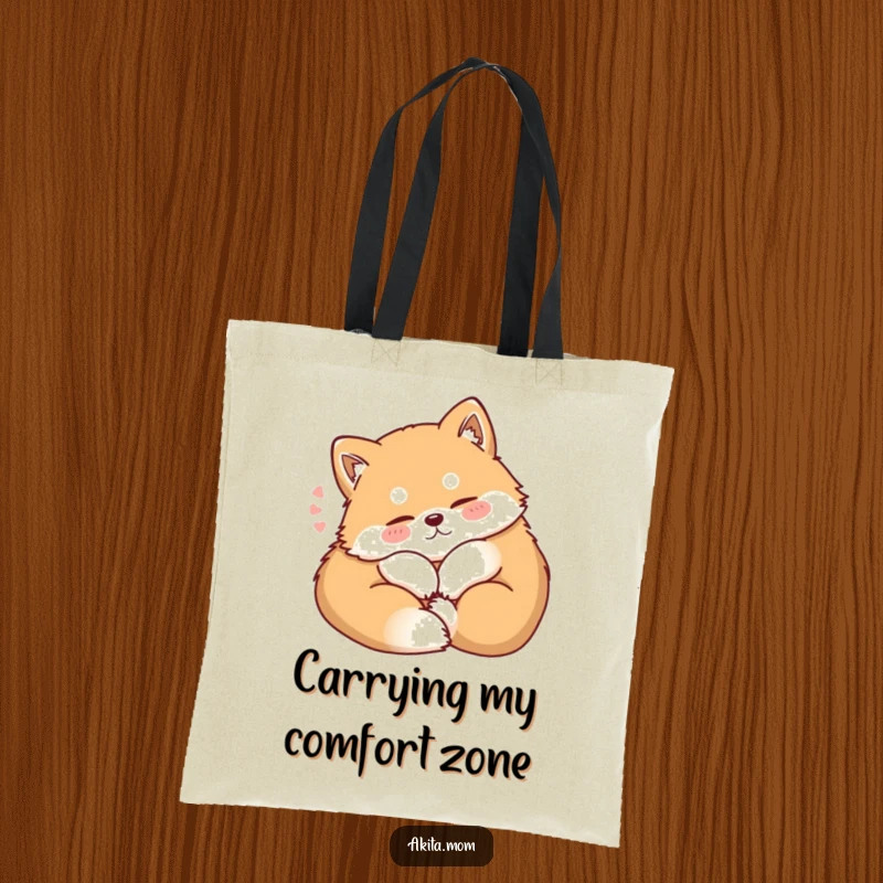 Funny Kawaii Akita tote bag, depicting a dog curling up contentedly with a soft sigh, great for carrying items with a serene vibe.