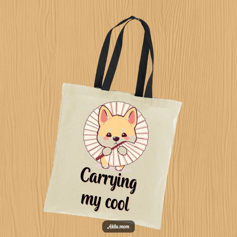 Funny Kawaii Akita dog tote bag, depicting a cute peek from behind a large fan, ideal for carrying items with playful humor.
