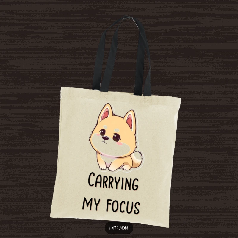 Funny Kawaii Akita tote bag showcasing a dog looking intently into the distance with extreme concentration, perfect for focused errands.