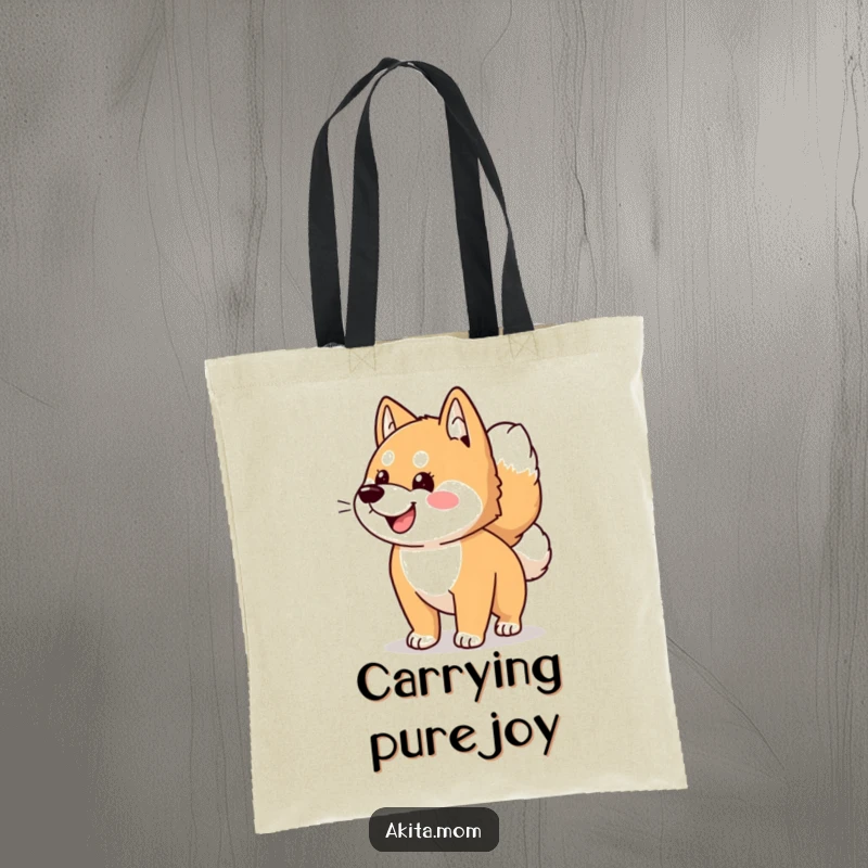 Funny Kawaii Akita dog tote bag, featuring a joyful, vigorously wagging tail, ideal for carrying essentials with a touch of humor.